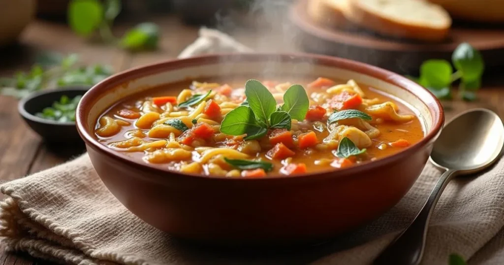 A steaming bowl of homemade vegetable soup with vibrant carrots, pasta, fresh herbs, and a rich broth, served on a rustic table.