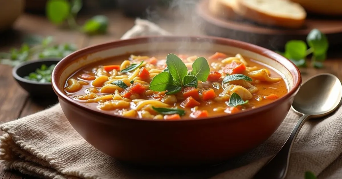 A steaming bowl of homemade vegetable soup with vibrant carrots, pasta, fresh herbs, and a rich broth, served on a rustic table.