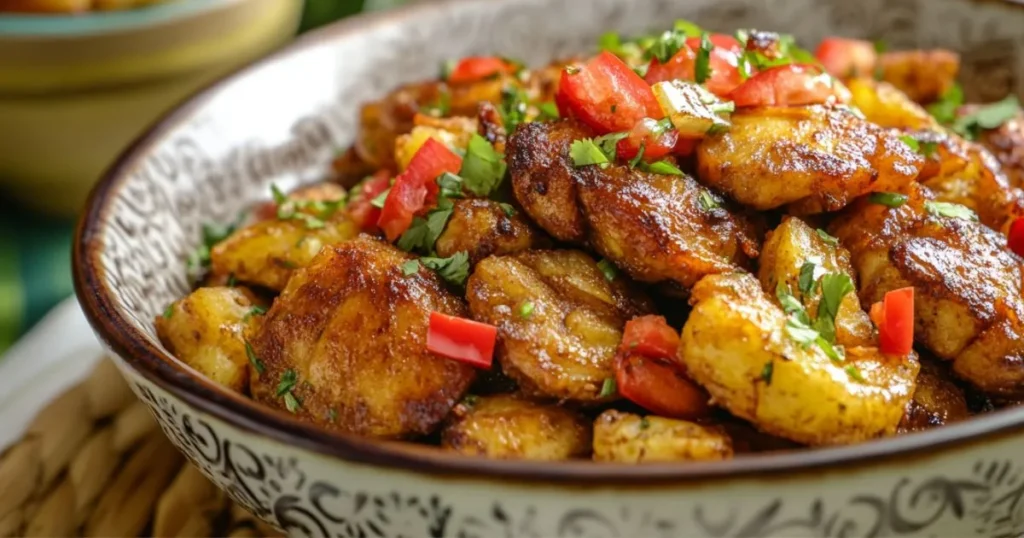 A bowl of crispy fried plantains (tostones) garnished with fresh tomatoes and cilantro.