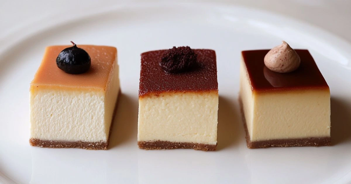 Three cheesecake squares with distinct toppings: caramel with a blueberry, chocolate ganache with a crumble, and caramelized sugar with a chocolate dollop, served on a white plate.