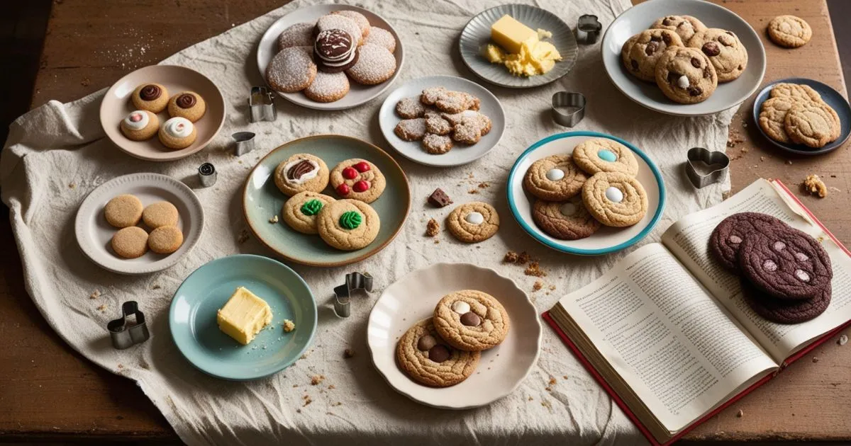 A variety of cookies displayed on plates, including decorated, chocolate chip, and sugar cookies, alongside an open cookbook and cookie cutters.