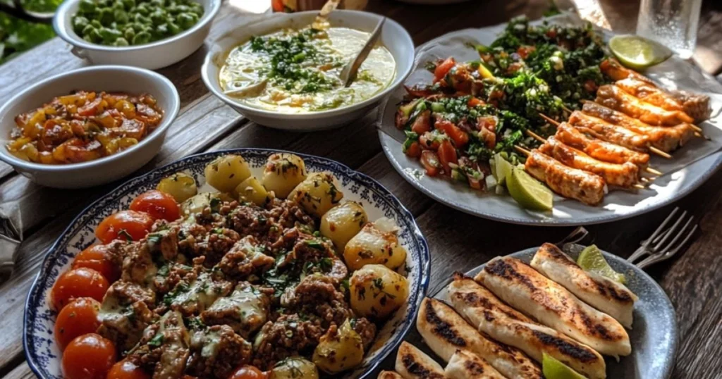 A traditional Greek dinner spread featuring grilled meat skewers, tabbouleh salad, hummus, roasted potatoes, and fresh pita bread on a rustic wooden table.