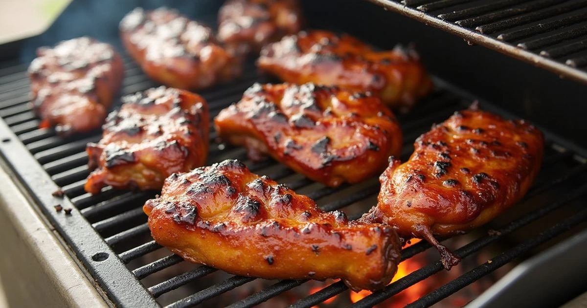 Juicy smoked chicken pieces with a caramelized glaze cooking on a grill.