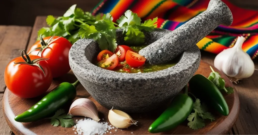 Fresh ingredients for salsa in a molcajete, featuring tomatoes, jalapeños, garlic, and cilantro.