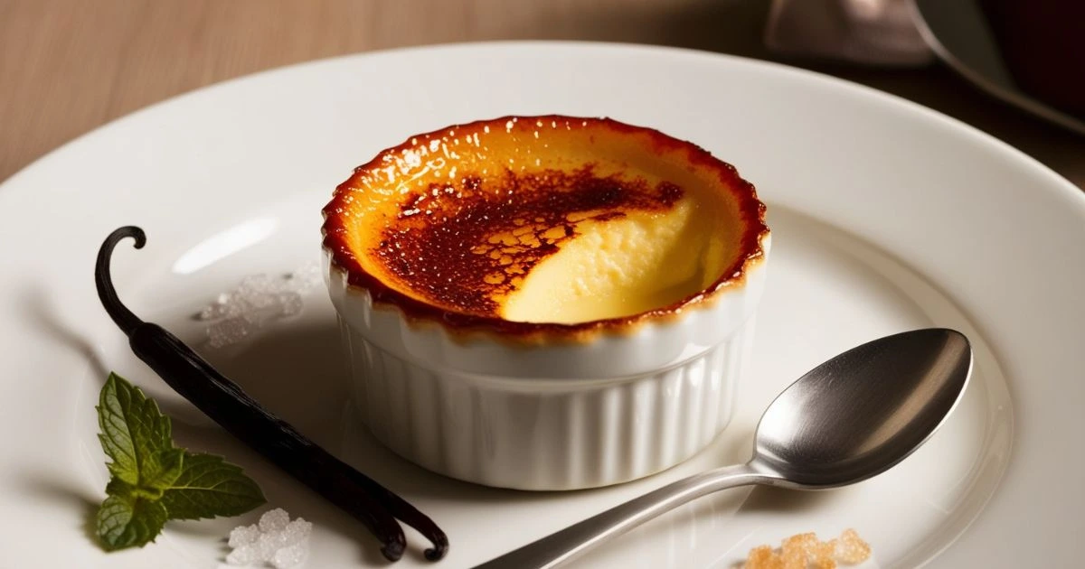 A creamy and smooth crème brûlée served in a white ramekin with a caramelized sugar top, accompanied by a vanilla pod, fresh mint, and a spoon on a white plate.