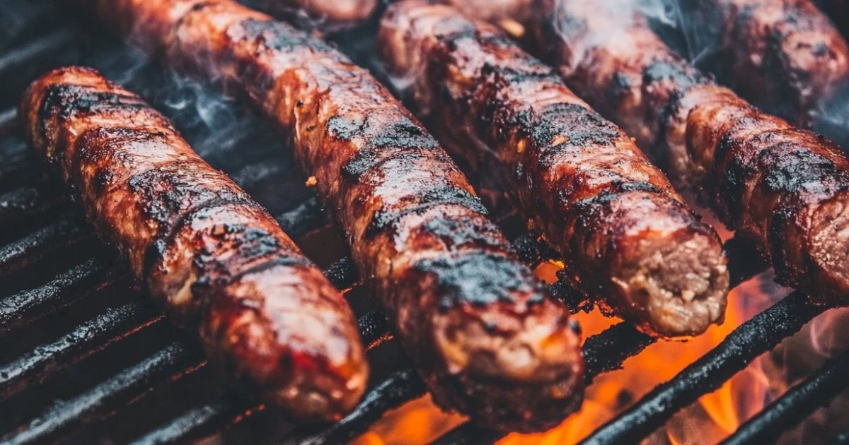 Juicy, grilled sausages with a smoky char on a hot grill, surrounded by flames and smoke.