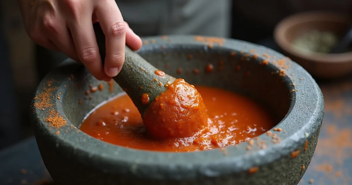 Hand grinding red sauce in a traditional stone molcajete with visible spices and texture.