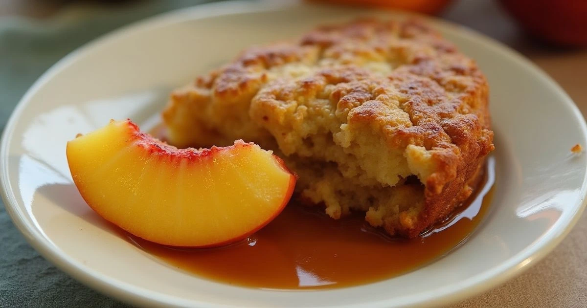 A slice of peach cobbler served on a white plate with a fresh peach wedge and caramel sauce.