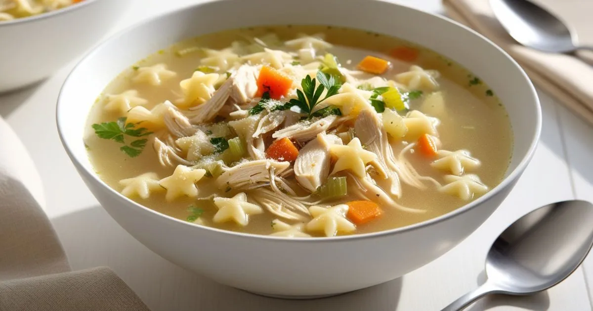 A bowl of chicken pastina soup with shredded chicken, star-shaped pasta, diced vegetables, and fresh parsley garnish.