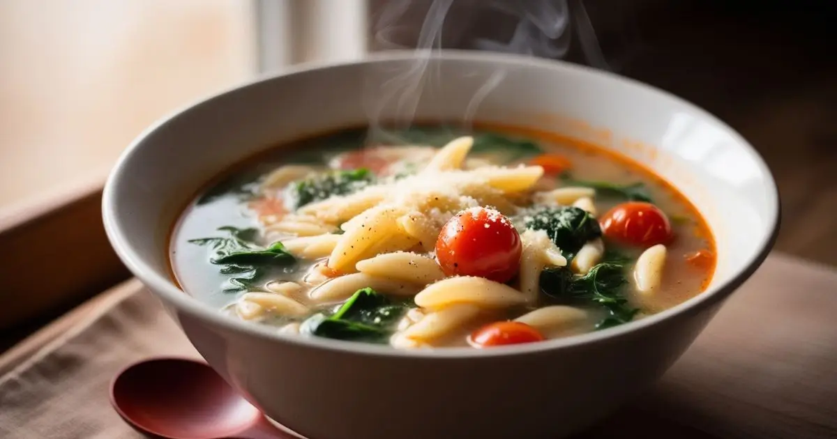 A warm bowl of pastina soup with fresh spinach, cherry tomatoes, and grated cheese, served in a white bowl with steam rising.