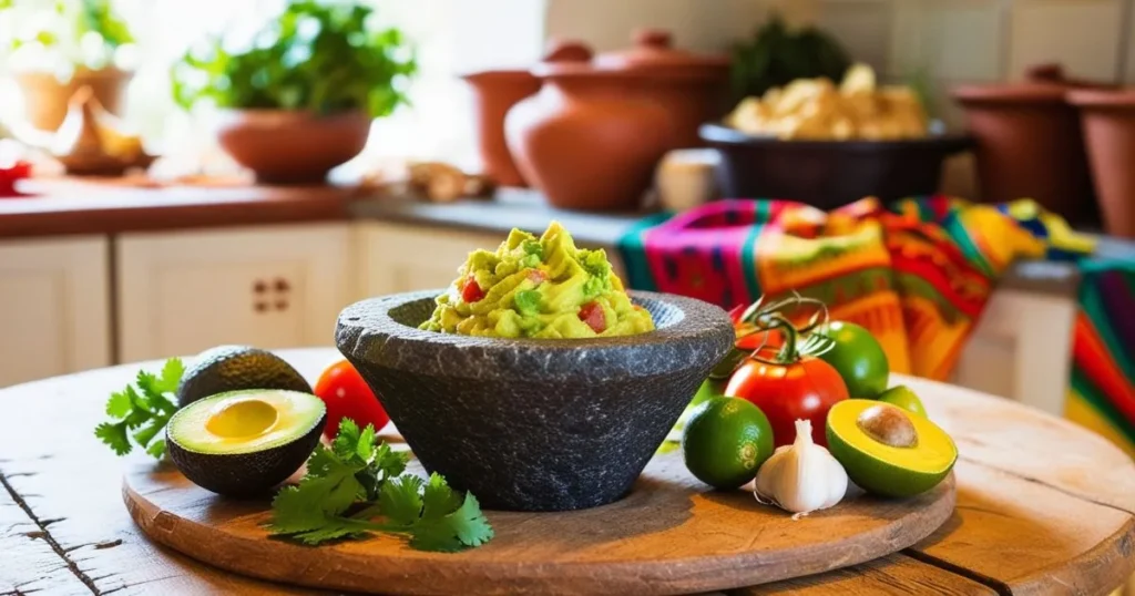 Traditional molcajete filled with freshly made guacamole, surrounded by fresh ingredients like avocados, tomatoes, limes, garlic, and cilantro, on a wooden table in a colorful kitchen setting.