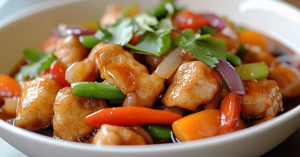 A vibrant bowl of Southern-style chow chow featuring crispy fried chicken pieces, colorful bell peppers, onions, and a tangy glaze, garnished with fresh cilantro.