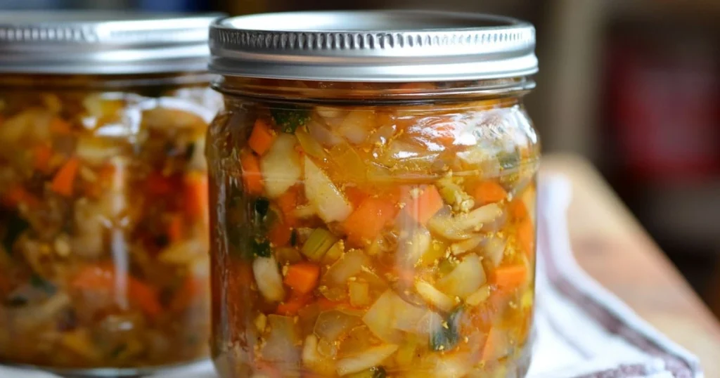 Homemade chow chow relish in glass jars with a colorful mix of vegetables like carrots, onions, and peppers.