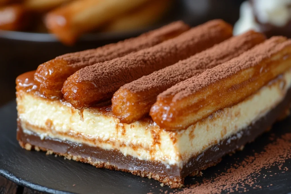 A close-up of a churro cheesecake slice with layers of chocolate, creamy cheesecake filling, and churros on top, dusted with cocoa powder.