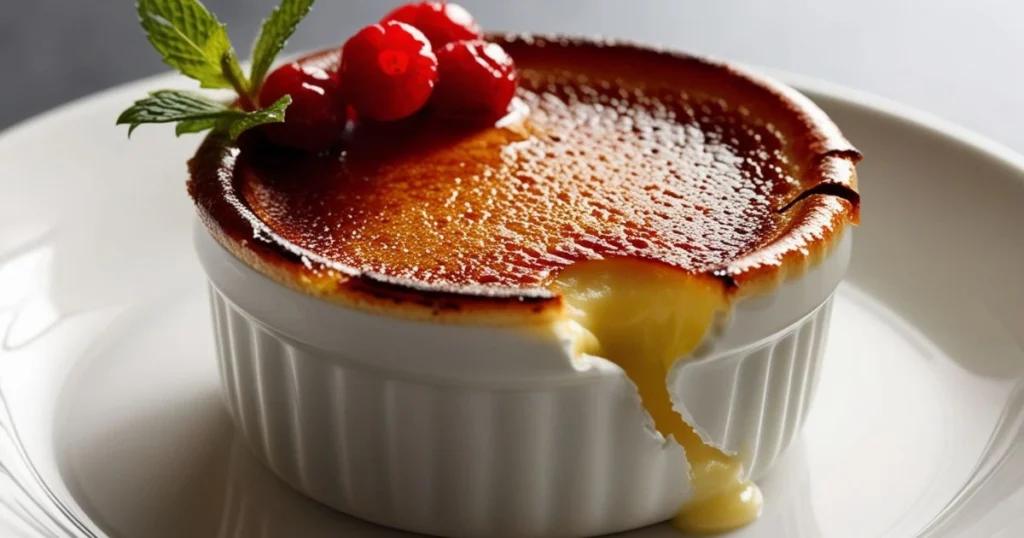 A close-up of a crème brûlée dessert in a white ramekin, featuring a caramelized sugar crust with a creamy interior, garnished with fresh cranberries and mint leaves.