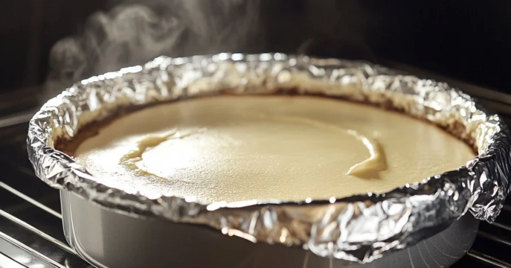 Cheesecake baking in a water bath with aluminum foil wrapped around the pan, inside an oven.