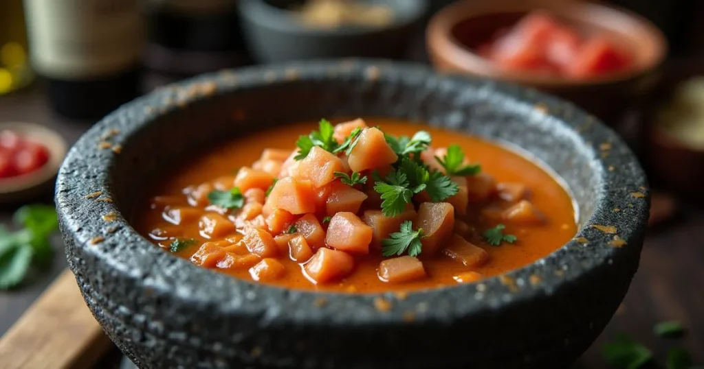 A traditional Mexican molcajete filled with a savory tomato-based stew garnished with fresh cilantro, showcasing vibrant diced ingredients.