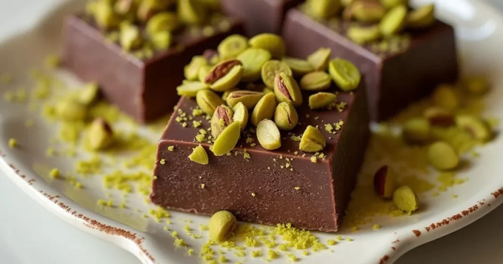 Rich chocolate squares topped with whole pistachios on a decorative plate.