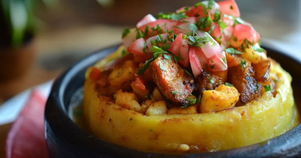 A traditional Puerto Rican dish of mofongo served with fried pork, fresh tomato salsa, and garnished with herbs in a rustic bowl.