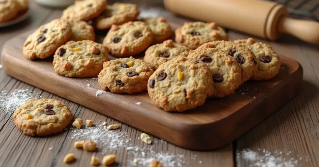 A batch of freshly baked cookies with chocolate chips and nuts on a wooden board, surrounded by baking flour and tools.