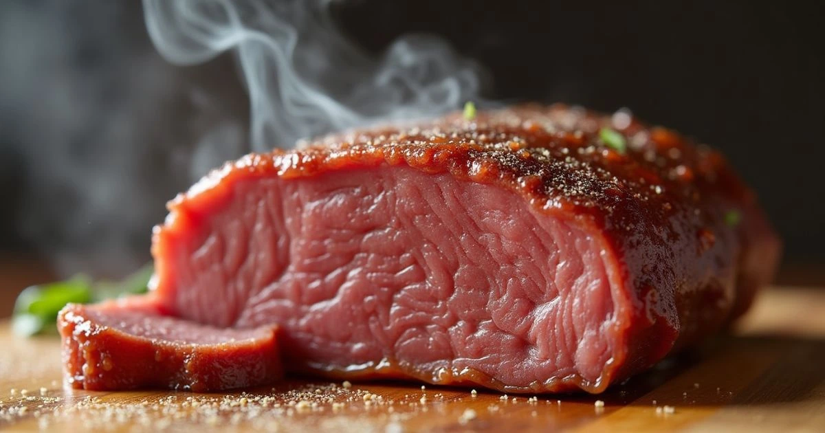 Close-up of a juicy smoked beef cut, seasoned with spices and emitting flavorful steam on a wooden board.