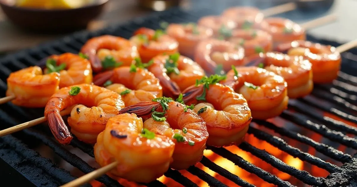 Shrimp skewers grilling over open flames, garnished with fresh herbs for a flavorful barbecue experience.