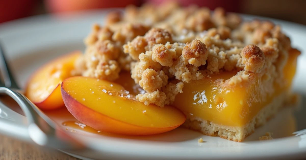 A close-up of a peach dessert with a golden crumble topping, served with fresh peach slices on a white plate.