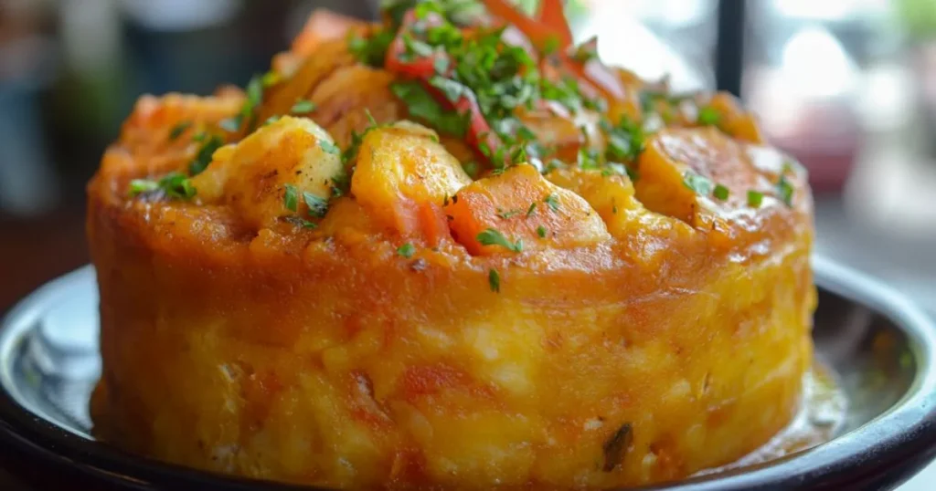 A traditional Puerto Rican mofongo dish made with mashed plantains, shrimp, and flavorful seasonings, garnished with herbs and vegetables.