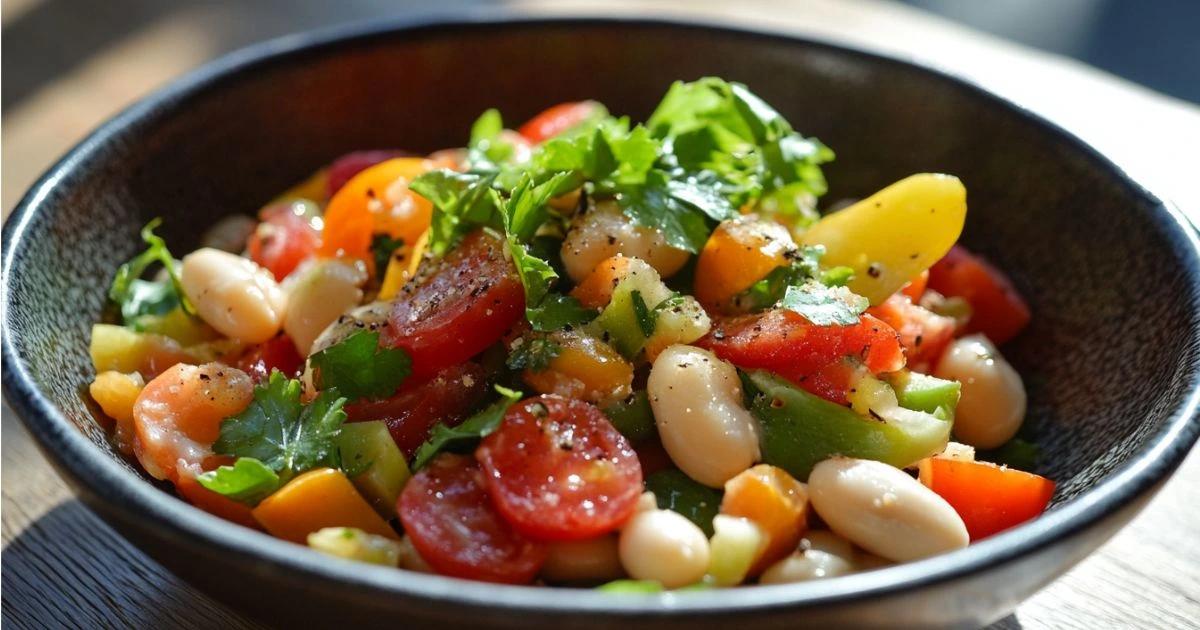 A vibrant bean salad featuring white beans, cherry tomatoes, colorful bell peppers, fresh parsley, and a light seasoning of pepper, served in a black bowl.