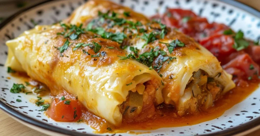 Two stuffed cabbage rolls topped with tomato sauce and garnished with fresh herbs, served alongside diced tomatoes on a patterned plate.