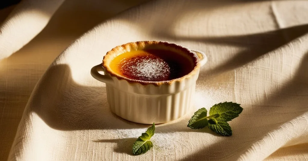 A perfectly caramelized crème brûlée served in a white ramekin, dusted with powdered sugar and garnished with fresh mint leaves, placed on a soft beige fabric.