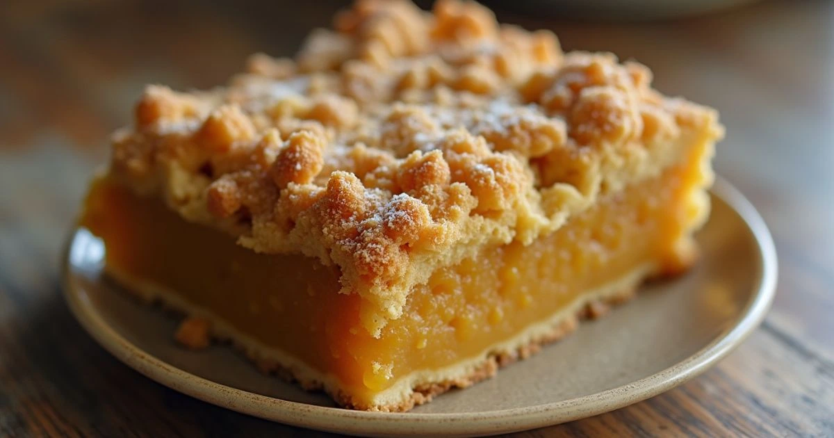 A slice of golden crumble pie with a crisp, crumbly topping, dusted with powdered sugar, served on a beige plate.