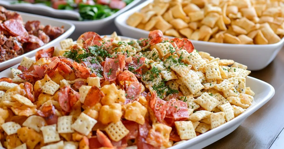 A close-up of a bowl of savory Chex Mix featuring crispy cereal squares, sliced pepperoni, and sprinkled herbs.