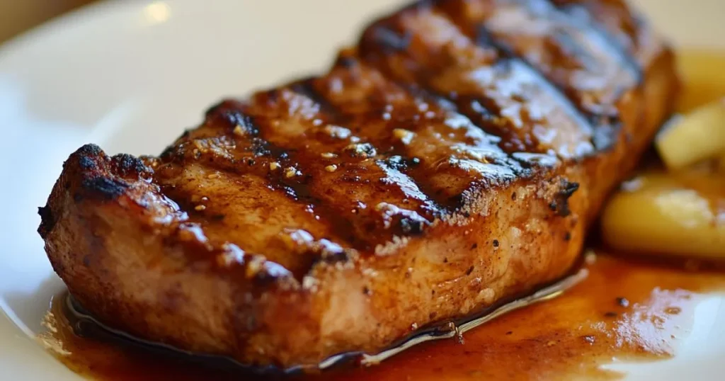 Close-up of a grilled chipotle steak, glistening with a spicy marinade and served with a side of roasted potatoes.