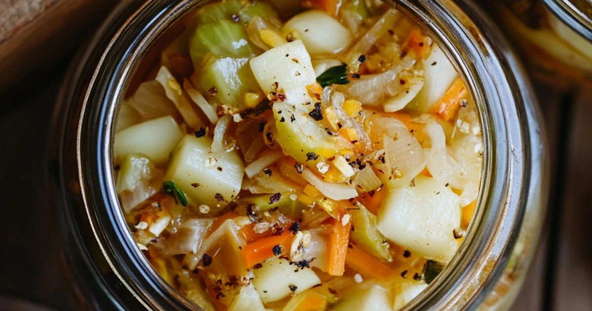 A close-up view of homemade chow chow relish in a glass jar, featuring diced vegetables like potatoes, carrots, celery, and onions, seasoned with black pepper and spices.