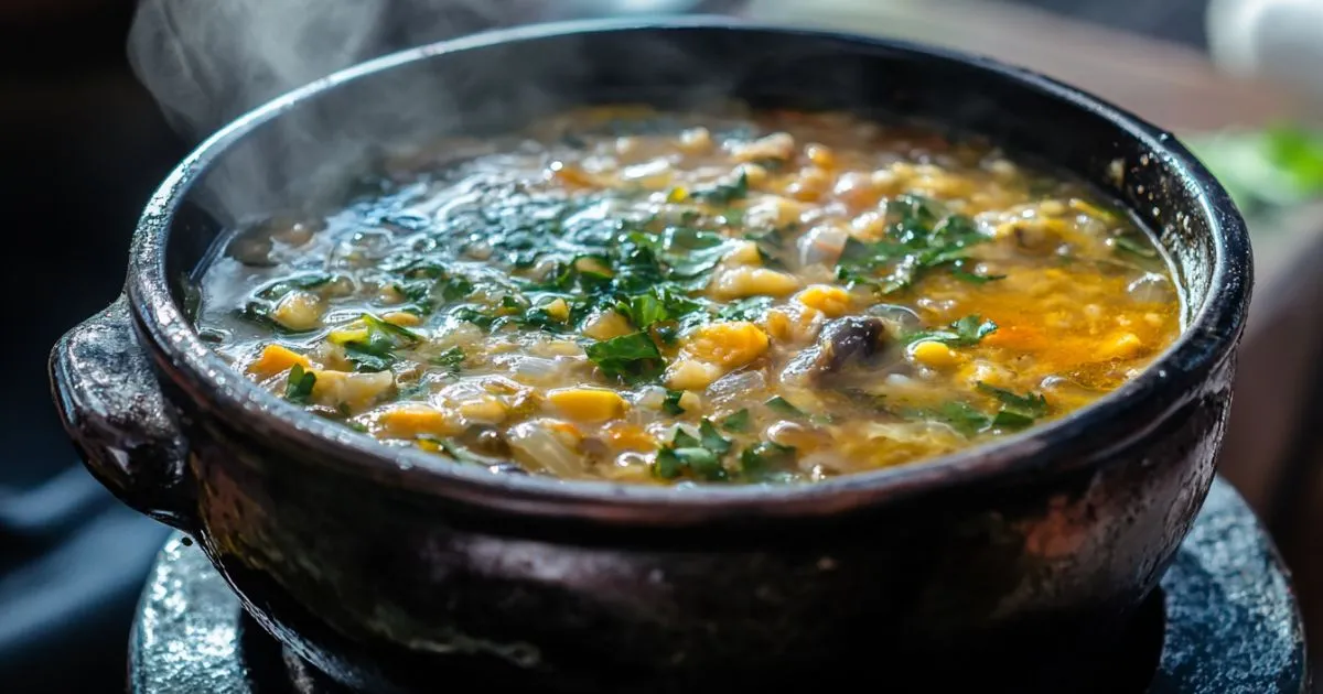 A steaming pot of swamp soup with rich ingredients, including vegetables, greens, and a hearty broth, garnished with fresh herbs.