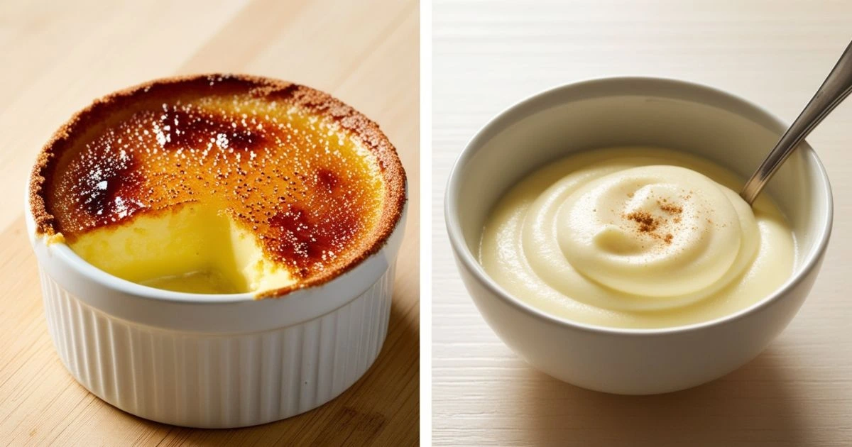 A side-by-side comparison of crème brûlée and custard, showcasing their distinct textures and presentation.