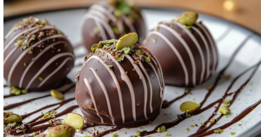 Decadent chocolate truffles garnished with pistachio crumbs and artistic drizzle.