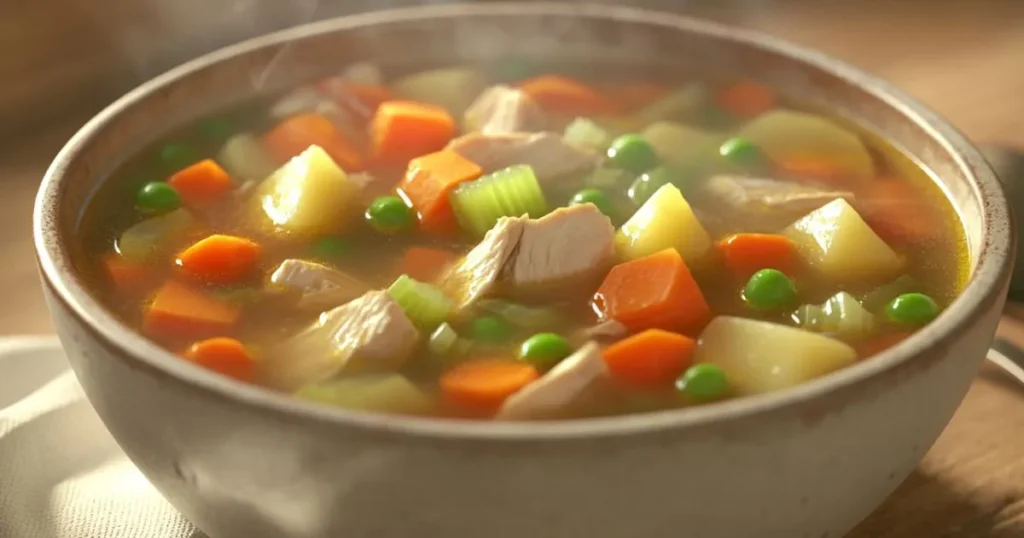 A bowl of light chicken soup with fresh vegetables, including carrots, peas, celery, and potatoes, steaming warmly.