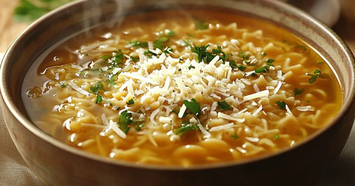 A steaming bowl of pastina soup garnished with fresh parsley and grated cheese, served in a rustic ceramic bowl.