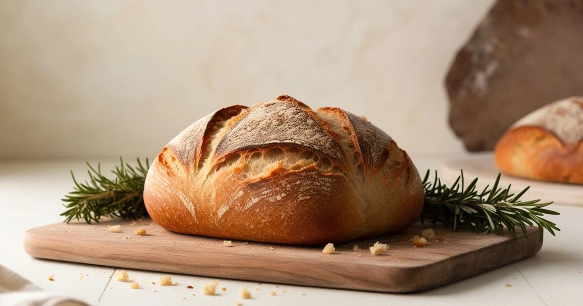 A freshly baked round sourdough bread on a wooden cutting board, garnished with sprigs of rosemary.