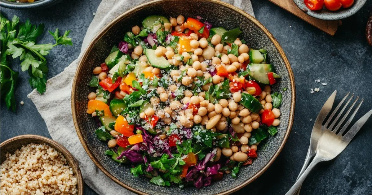 A vibrant bean salad featuring white beans, cherry tomatoes, cucumbers, red cabbage, and fresh parsley, garnished with grated cheese, served in a rustic bowl on a dark background.