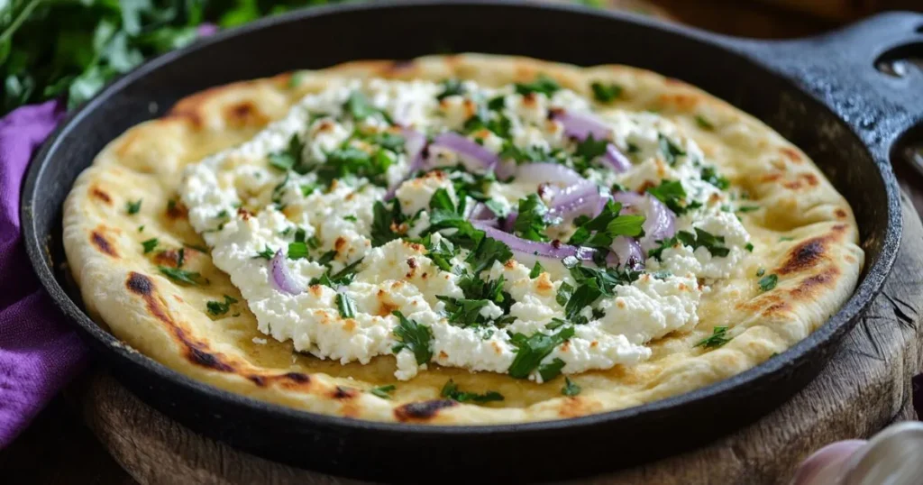 Cottage cheese flatbread topped with fresh herbs and red onion slices in a cast iron skillet.