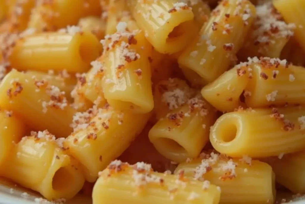 Close-up view of cooked ditalini pasta topped with grated cheese and crispy breadcrumbs.