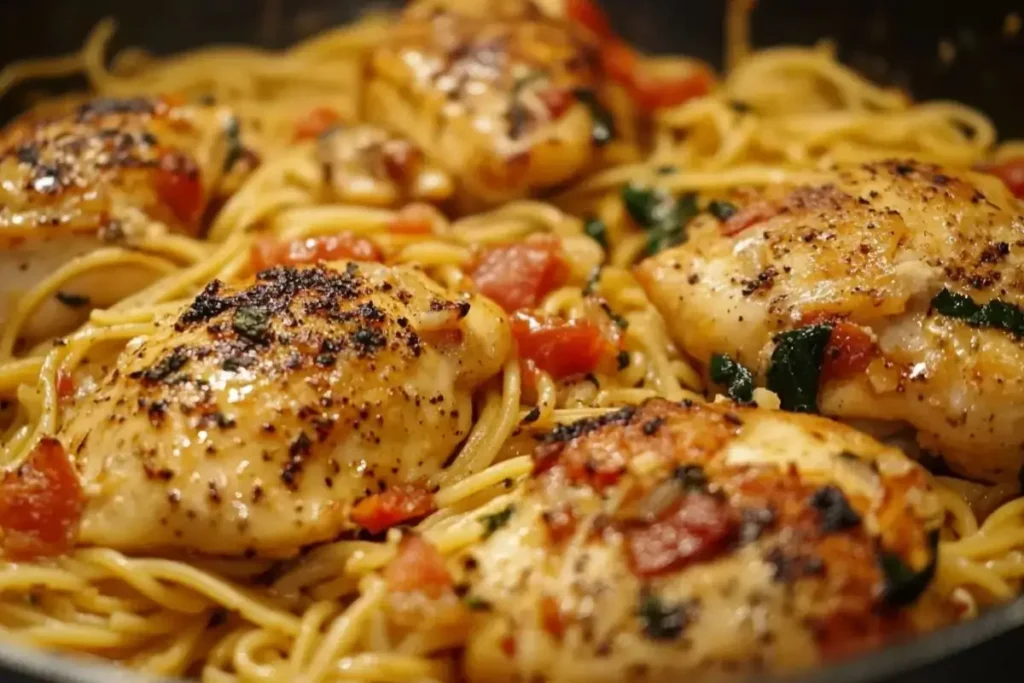 A skillet of Marry Me Chicken Pasta with golden, seared chicken breasts served over spaghetti in a creamy tomato sauce, garnished with fresh spinach and herbs.