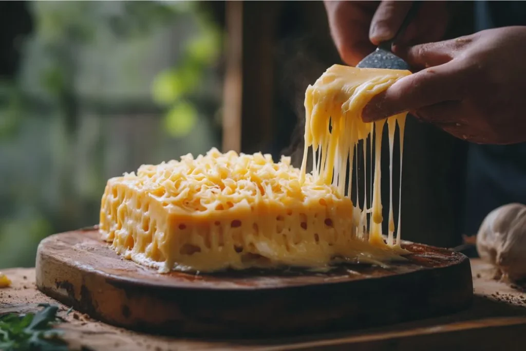 A block of Gouda cheese being sliced, with melted cheese stretching as it's served on a wooden board