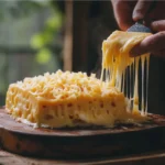 A block of Gouda cheese being sliced, with melted cheese stretching as it's served on a wooden board