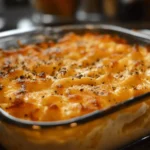 A freshly baked Gouda mac and cheese dish in a glass baking dish, topped with golden-brown cheese and seasonings.