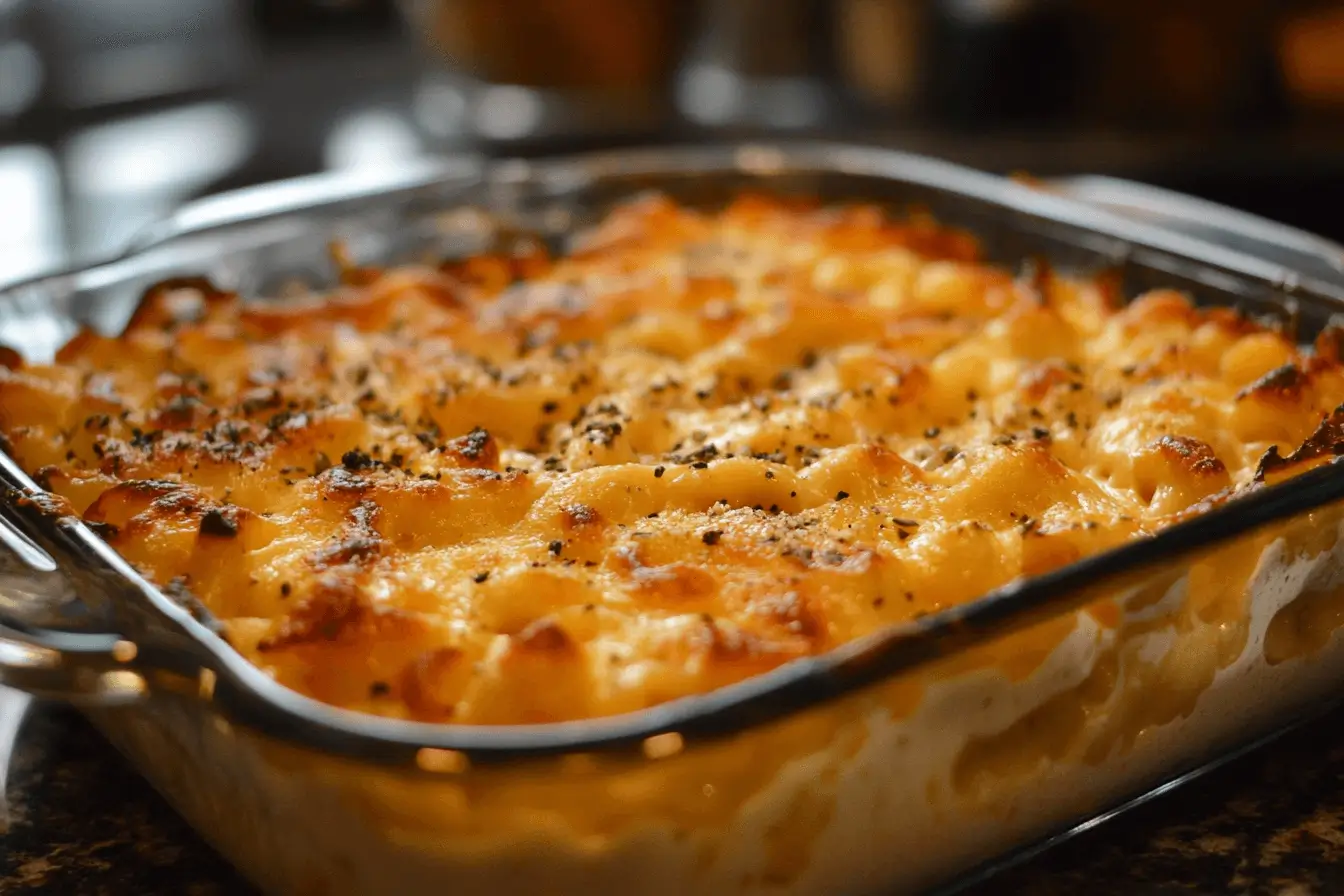 A freshly baked Gouda mac and cheese dish in a glass baking dish, topped with golden-brown cheese and seasonings.