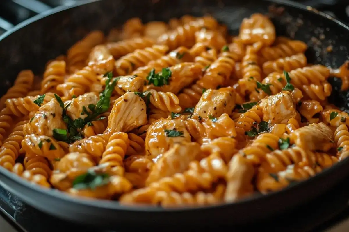 A skillet filled with creamy Marry Me Chicken Pasta, featuring tender chicken pieces, rotini pasta coated in a rich tomato-cream sauce, and garnished with fresh parsley.